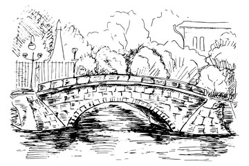 Old brick bridge across the river and park landscape. Hand drawn black and white sketch, vector illustration.