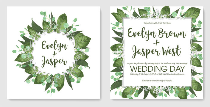 Set wedding invitation cards, invite a card. Vector watercolor style, forest greens, greens, eucalyptus, lily leaves, botanical green. Round and square exquisite white frame