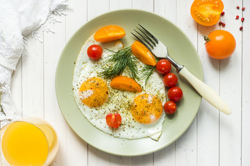 Fried eggs with cherry tomatoes on a plate