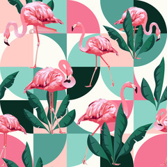 Obraz premium Egzotyczna plaża modny wzór, ilustrowany patchwork kwiatowy wektor tropikalnych liści bananowca. Różowe flamingi w dżungli.