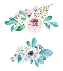 Watercolor Hand Drawn Ranunculus, Roses, Anemonies and Eucalyptus Bouquet