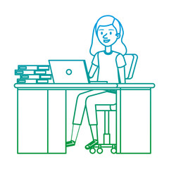 young woman at desk with laptop and books