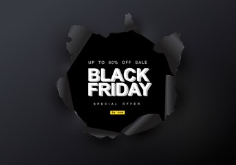 Black Friday sale background. Hole in black metal. Big Sale, black friday, creative template. Vector illustration.