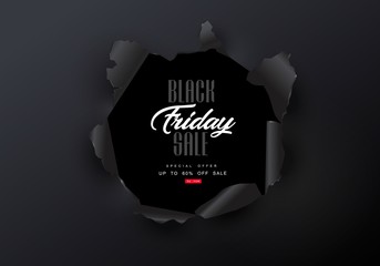 Black Friday sale background. Hole in black metal. Big Sale, black friday, creative template. Vector illustration.