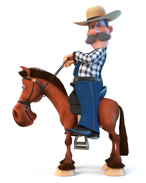 3d illustration farmer on horseback/3d illustration cowboy in a hat with a curvy mustache