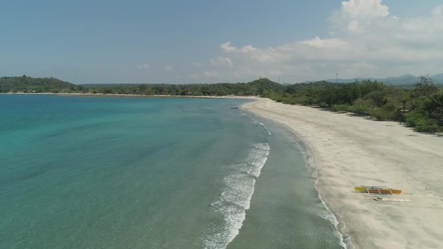Beautiful tropical beach Cabugao with white sand and palm trees in the Philippines, Luzon. Aerial view of coast with beach and turquoise water.