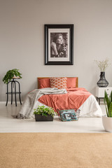 Brown carpet in front of red bed with pillows in grey bedroom interior with plants and poster. Real photo