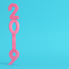 Fototapeta premium Pink new year 2019 figures on bright blue background in pastel colors