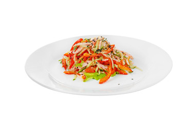 Salad with Bulgarian pepper, meat, ham, chicken, cucumber, lettuce, tomato, zucchini, black sesame on plate, white isolated background Side view. For the menu restaurant bar cafe