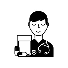 doctor cartoon with stethoscope and water pills