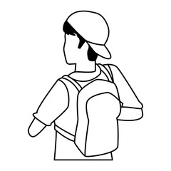 Young man back with backpack isometric in black and white
