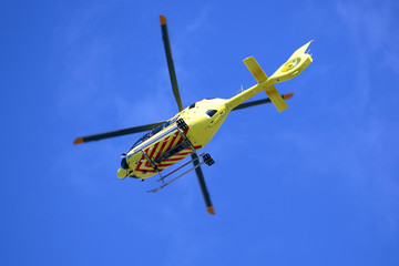 The helicopter flies in the sky