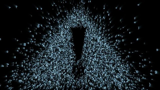 The logo of the attention sign in the digital space, the animation consists of a stream of numbers and symbols