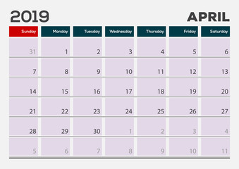 April 2019. Calendar planner design template. Week starts on Sunday. 