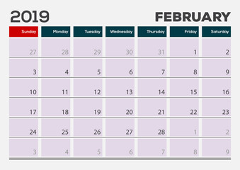 February 2019. Calendar planner design template. Week starts on Sunday. 