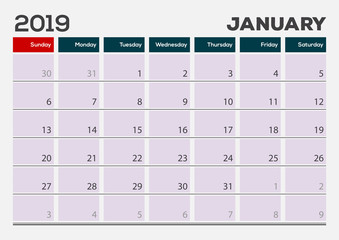 January 2019. Calendar planner design template. Week starts on Sunday.