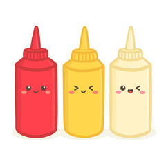 Cute Tomato Ketchup, Mustard, and Mayonnaise Bottle Set Vector Illustration Cartoon Smile