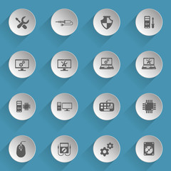 computer repair web icons on light paper circles