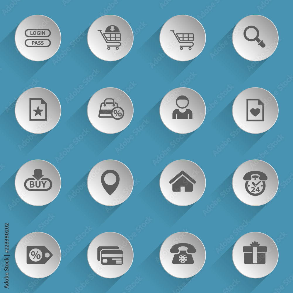 Poster e-commerce interface web icons on light paper circles