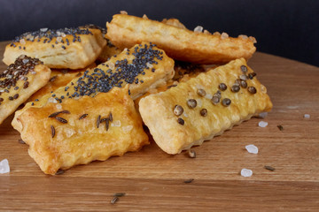 baked sticks with caraway, poppy, chia seeds, salt