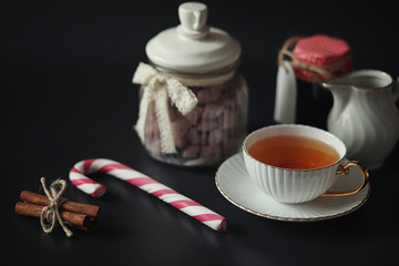 Set for breakfast. Sweets and pastries with nuts for tea on a bl