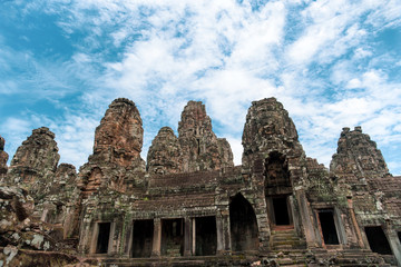 Fototapeta premium Bayon ancient temple at Ankgor Thom at Angkor Wat complex in Siem Reap Cambodia.