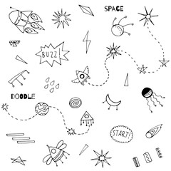 Funny space objects on white background. Cosmic doodles vector illustration