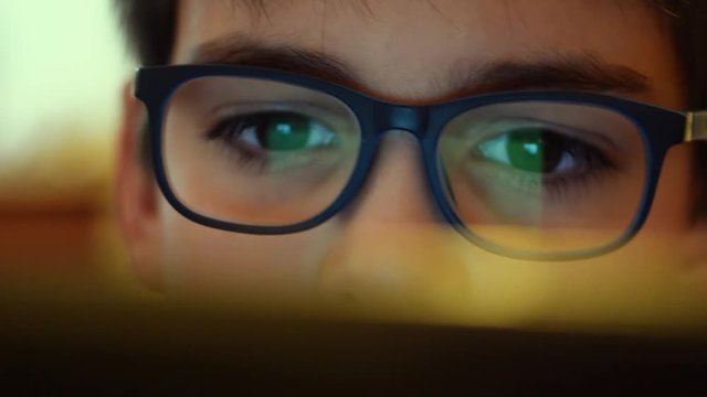 A young boy wearing glasses watches computer screen
