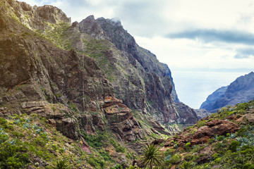 Mountain Landscape of the Masca Gorge. Beautiful views of the coast with small villages in Tenerife, Canary Islands
