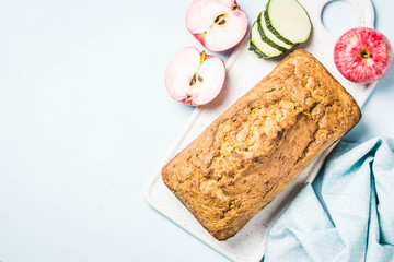 Zucchini apple loaf cake. Top view, space for text.