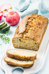 Zucchini apple loaf cake. Selective focus, space for text.