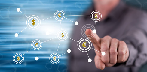 Man touching a financial network