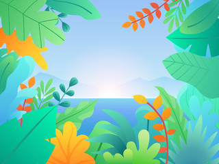 Fototapeta na wymiar Landscape with leaves and plants. Floral background with sea, hills and sunset. Tropical background with palm leaves
