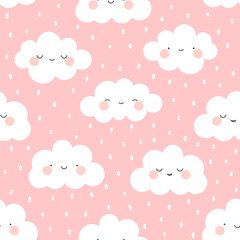 Cute Cartoon Face Cloud Seamless Pattern Background with Dot, Vector illustration