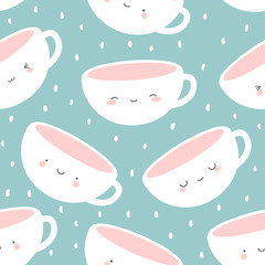 cute face mug, coffee and tea cup, cartoon smile face seamless pattern background, vector illustration