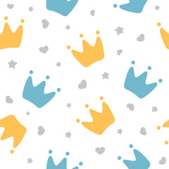 crowns for little prince pattern background, kid's clothing, birthday invitation. Vector illustration.