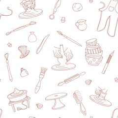 Obraz premium Clay Pottery Studio seamless pattern background. Artisanal Creative Craft concept. Handmade traditional pottery making, hand drawn vector illustration doodle style