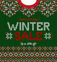 Ugly sweater Christmas Season Winter Sale Poster. Vector illustration knitted background pattern with deers snowflakes, scandinavian ornaments for advertising flyers, banners. White, red, green colors