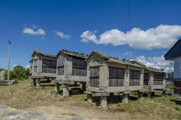 Fototapeta na wymiar concentración de horreos, graneros típicos de Galicia, en una aldea de Orense, España 