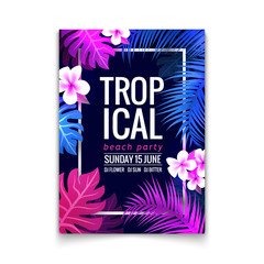 Summer tropical party flyer design template. Colorful exotic palm tree and floral poster