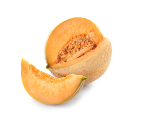 Sliced tasty ripe melon on white background