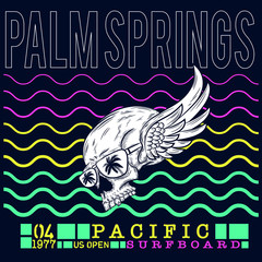 ilustracion de craneo con alas y palmeras en lentes con textura de olas de fondo