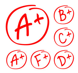 Obraz premium Grade results set. Hand drawn vector grade in red circle. Test exam mark report