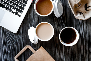 coffee break at wooden background top view