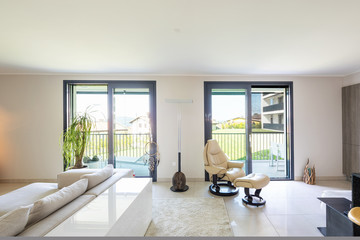 Living room and kitchen in open space, modern apartment