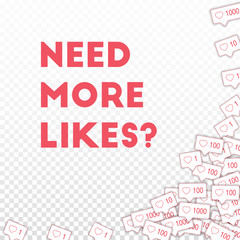 Social media icons. Need more likes concept. Falling pink like counter. Fresh abstract right bottom 