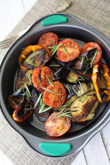 Vegetables grilled pan fried eggplant and tomatoes