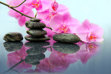 Fototapeta na wymiar Pink orchids flowers and spa stones . Spa background.