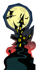 Halloween background with tombs, trees, bats, tombstones, gravey and haunted house. Cartoon illustration