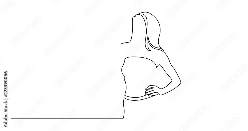 Poster animation of continuous line drawing of standing woman pointing with finger